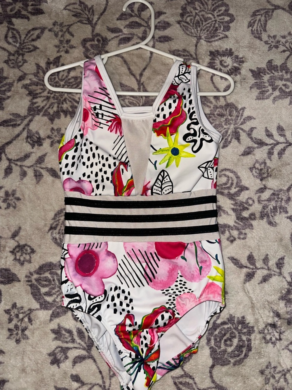 Sylvia P leotard Floral with Striped Waistband - Pink & White